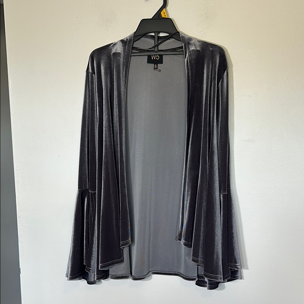 W5 Bell Sleeve Draped Velvet‎ Velour Open Cardigan grey gray XL